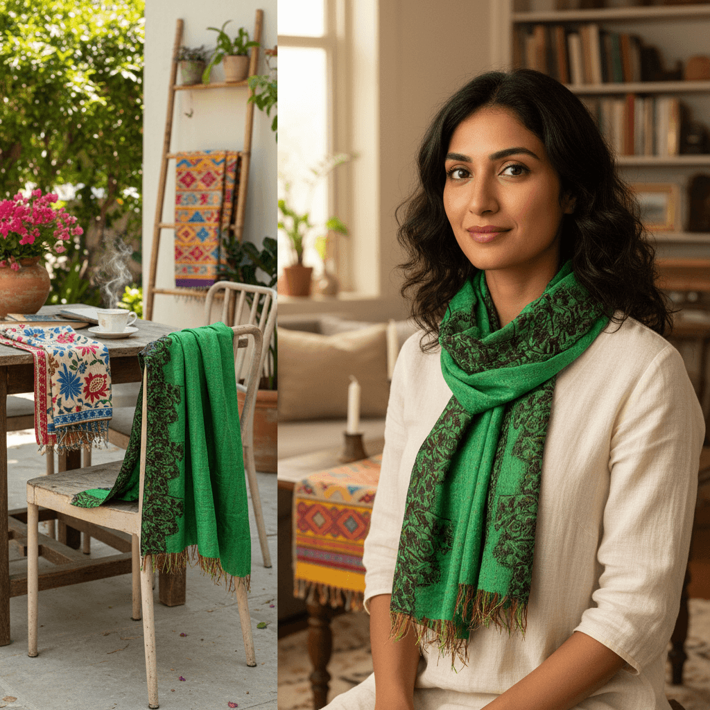 One-of-a-Kind Green Kantha Scarf | Sustainable Artisan Fashion (Emerald & Earth Edition)