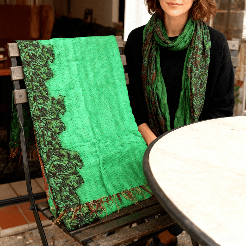 One-of-a-Kind Green Kantha Scarf | Sustainable Artisan Fashion (Emerald & Earth Edition)