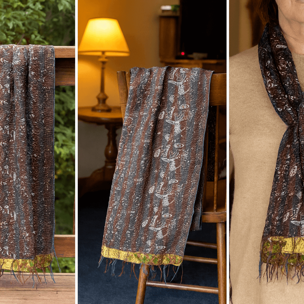 One-of-a-Kind White Kantha Scarf | Sustainable Artisan Fashion (Ivory & Pearl Edition)