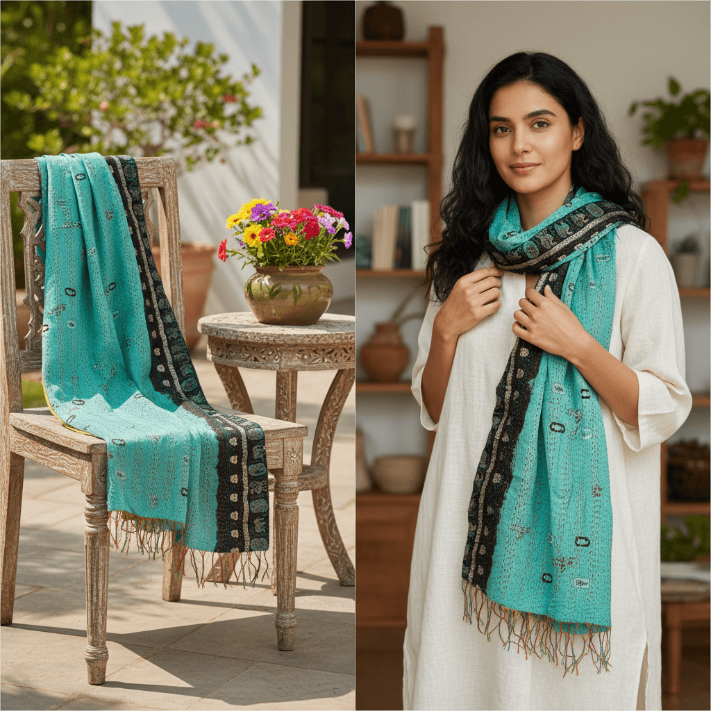 One-of-a-Kind Green Kantha Scarf | Sustainable Artisan Fashion (Emerald & Earth Edition)