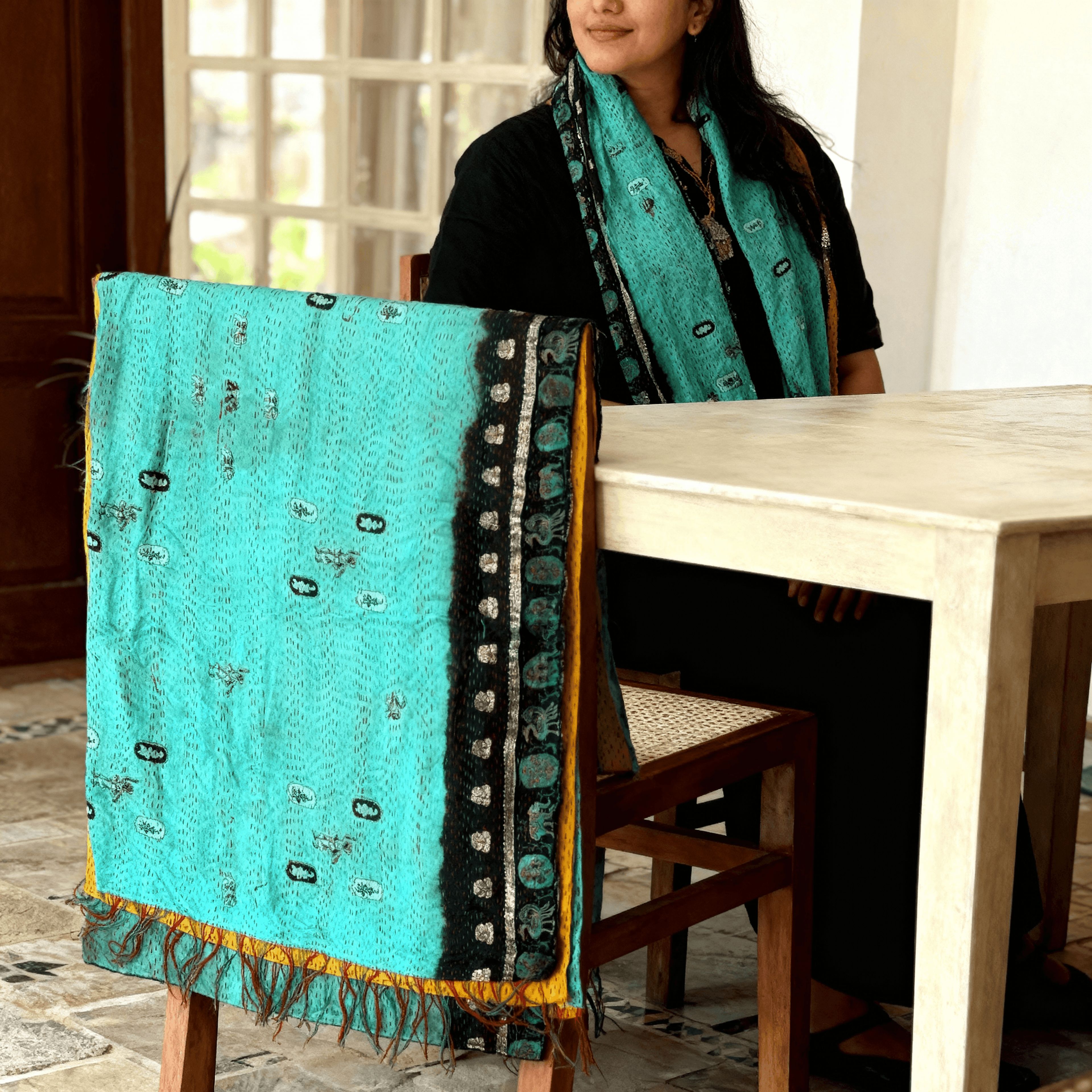 One-of-a-Kind Green Kantha Scarf | Sustainable Artisan Fashion (Emerald & Earth Edition)