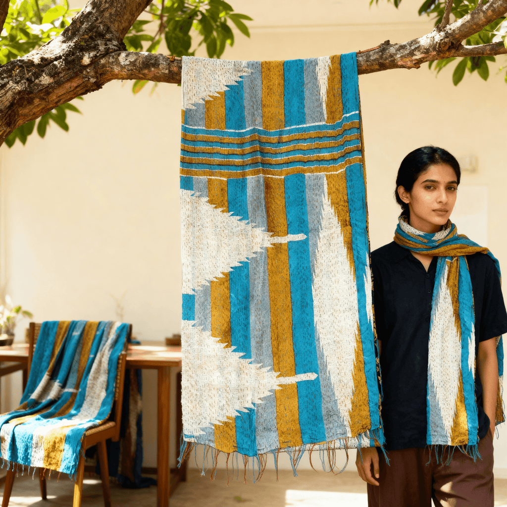 One-of-a-Kind Blue Kantha Scarf | Hand-Embroidered Sustainable Fashion | The Blue Collection