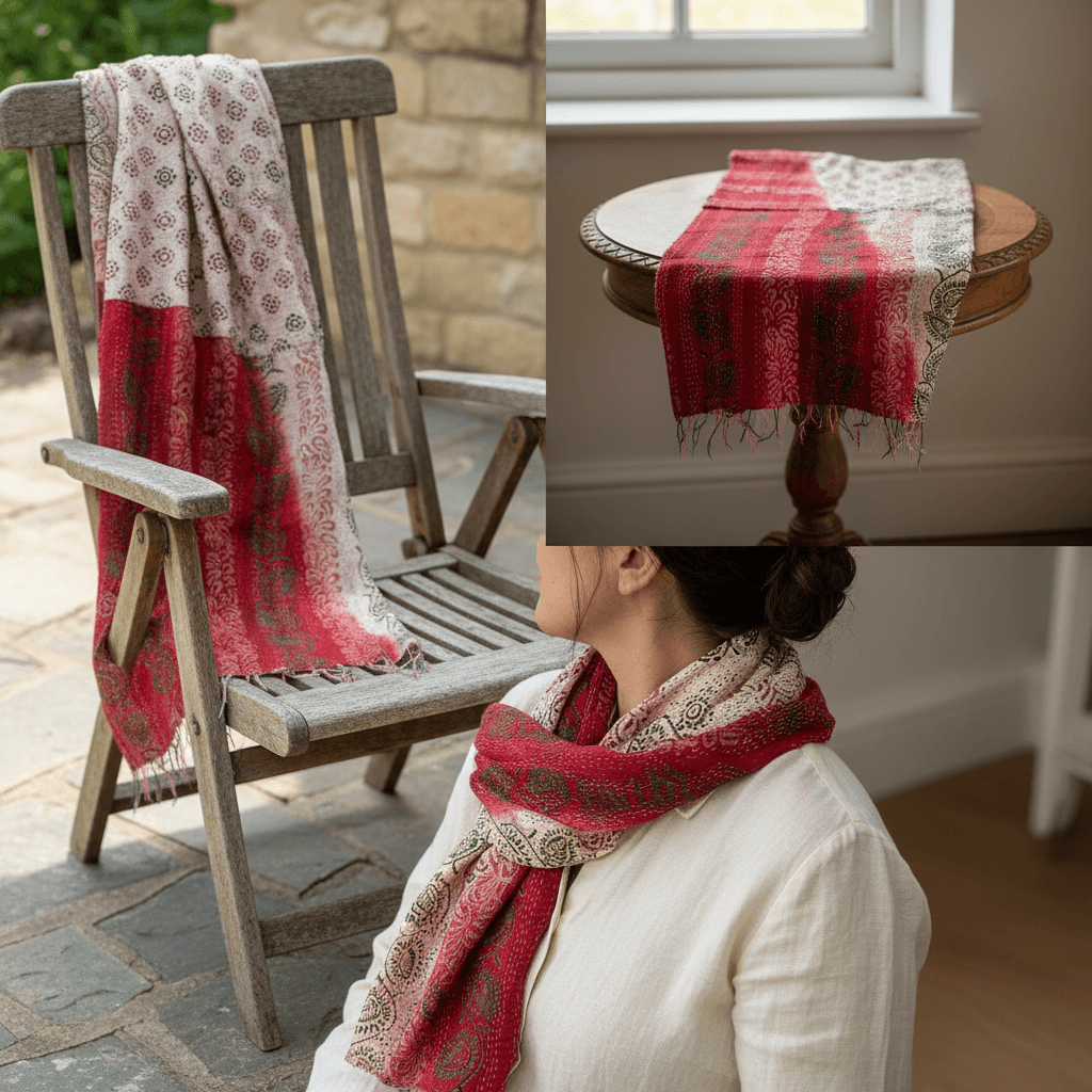 One-of-a-Kind Red Kantha Scarf | Sustainable Artisan Fashion (Crimson Edition)