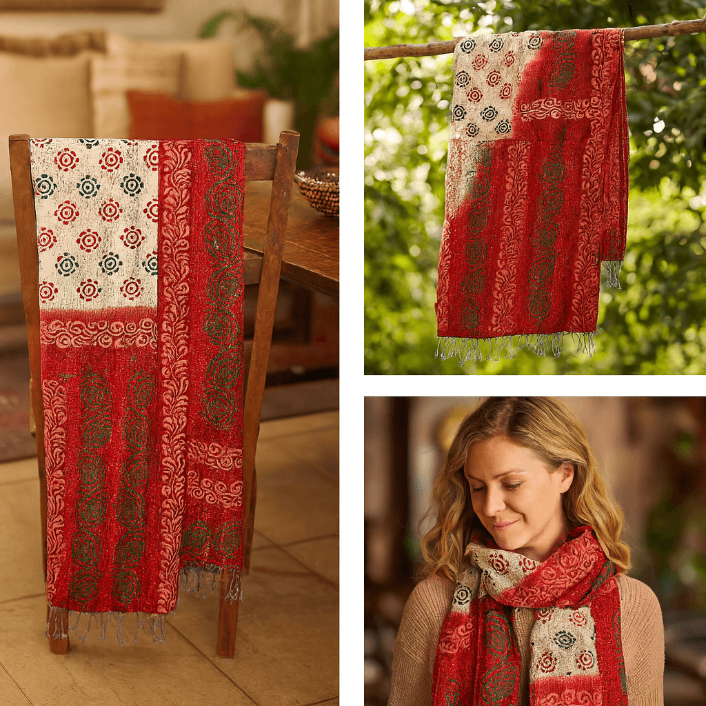 One-of-a-Kind Red Kantha Scarf | Sustainable Artisan Fashion (Crimson Edition)