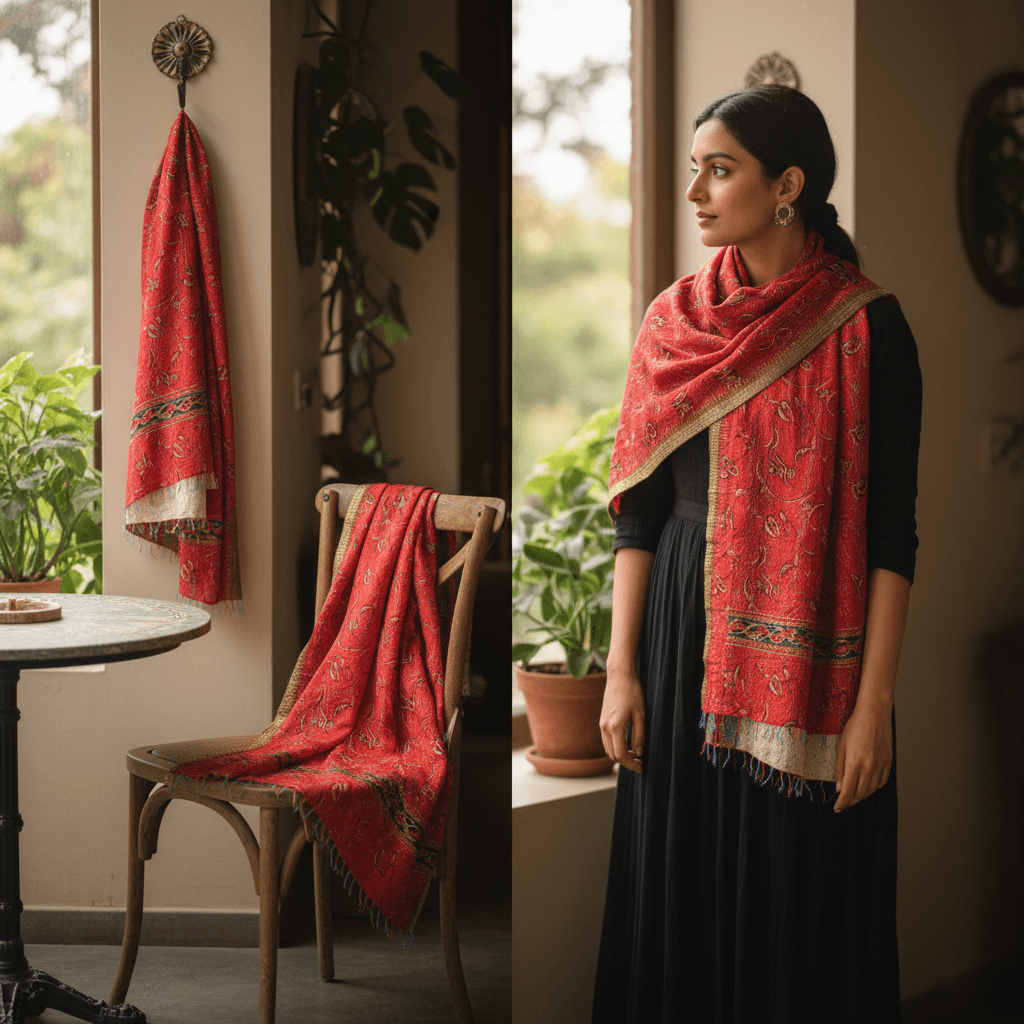 One-of-a-Kind Red Kantha Scarf | Sustainable Artisan Fashion (Crimson Edition)