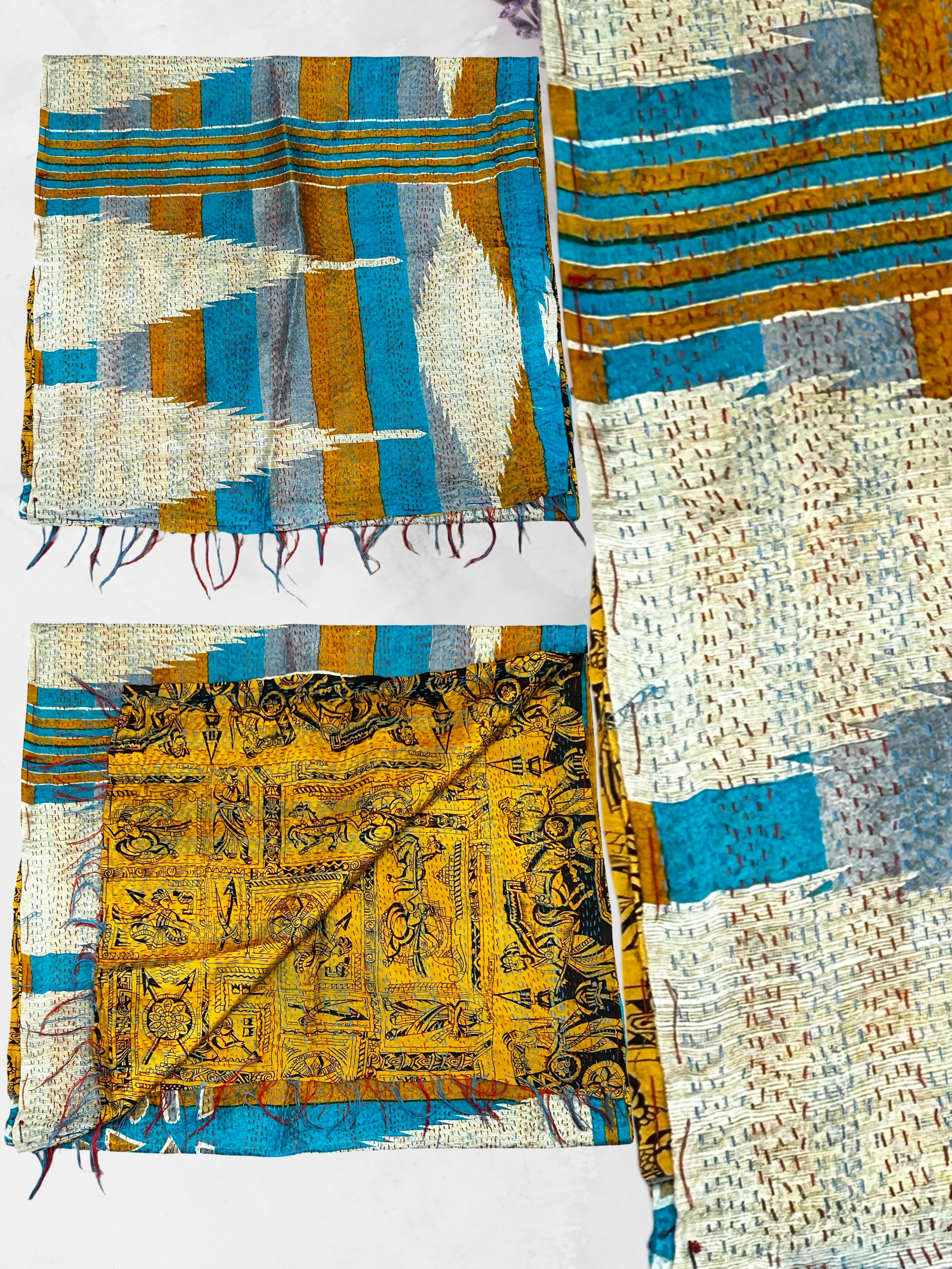 One-of-a-Kind Blue Kantha Scarf | Hand-Embroidered Sustainable Fashion | The Blue Collection