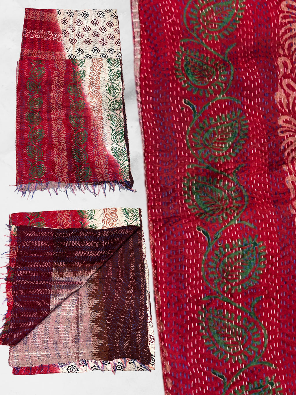 One-of-a-Kind Red Kantha Scarf | Sustainable Artisan Fashion (Crimson Edition)