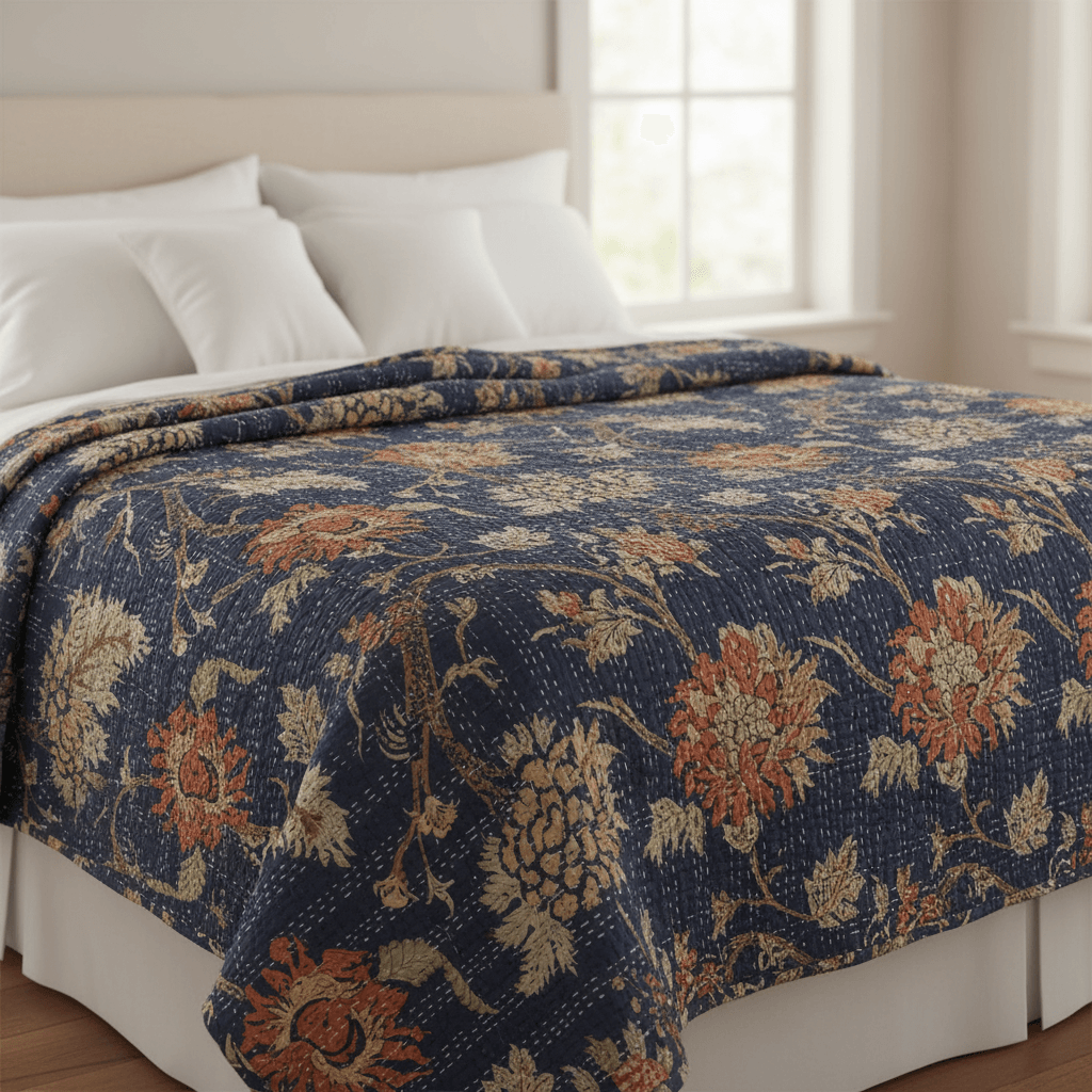 Hand-Stitched Floral Kantha Quilt (90" x 108")