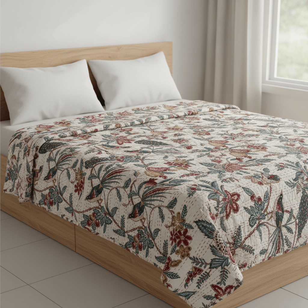 Hand-Stitched Floral Kantha Quilt (90" x 108")