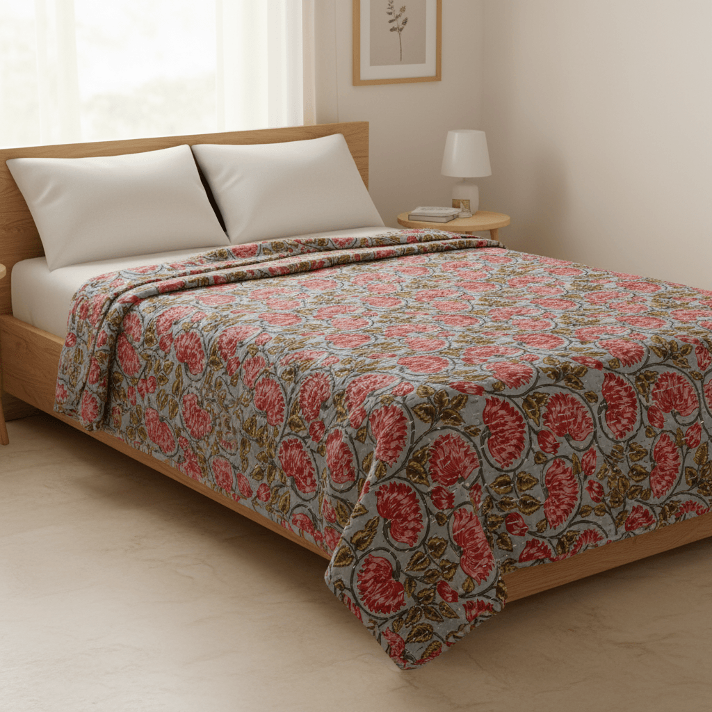 Hand-Stitched Floral Kantha Quilt (90" x 108")