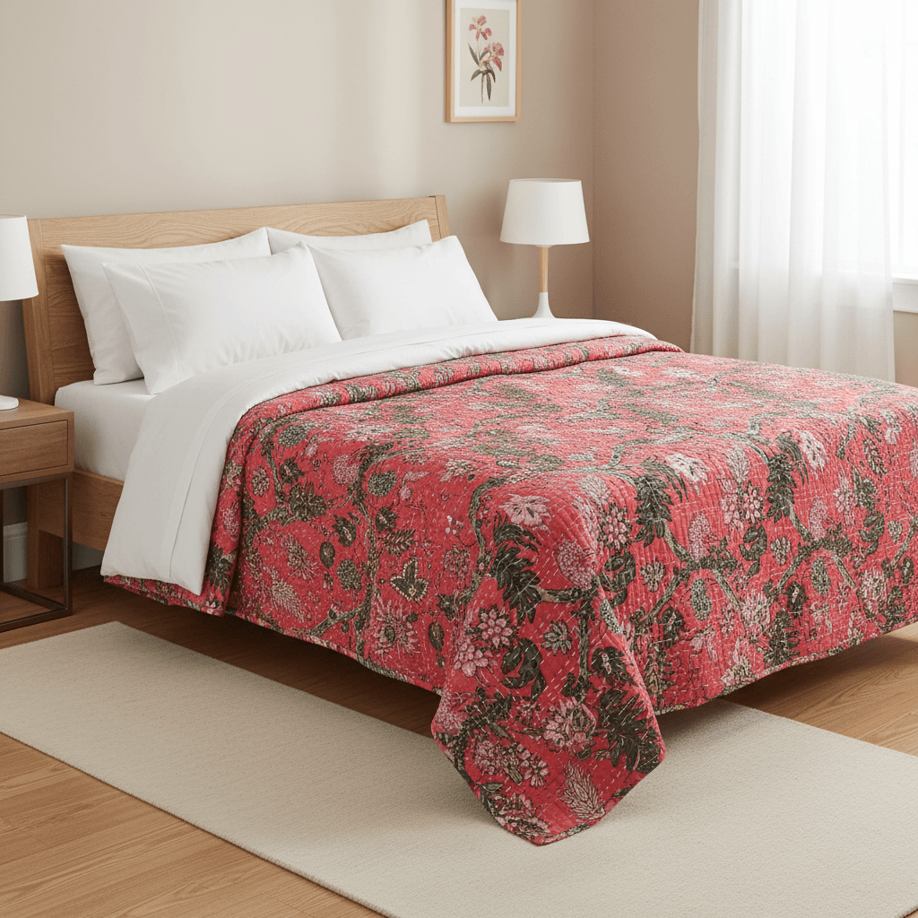 Hand-Stitched Floral Kantha Quilt (90" x 108")