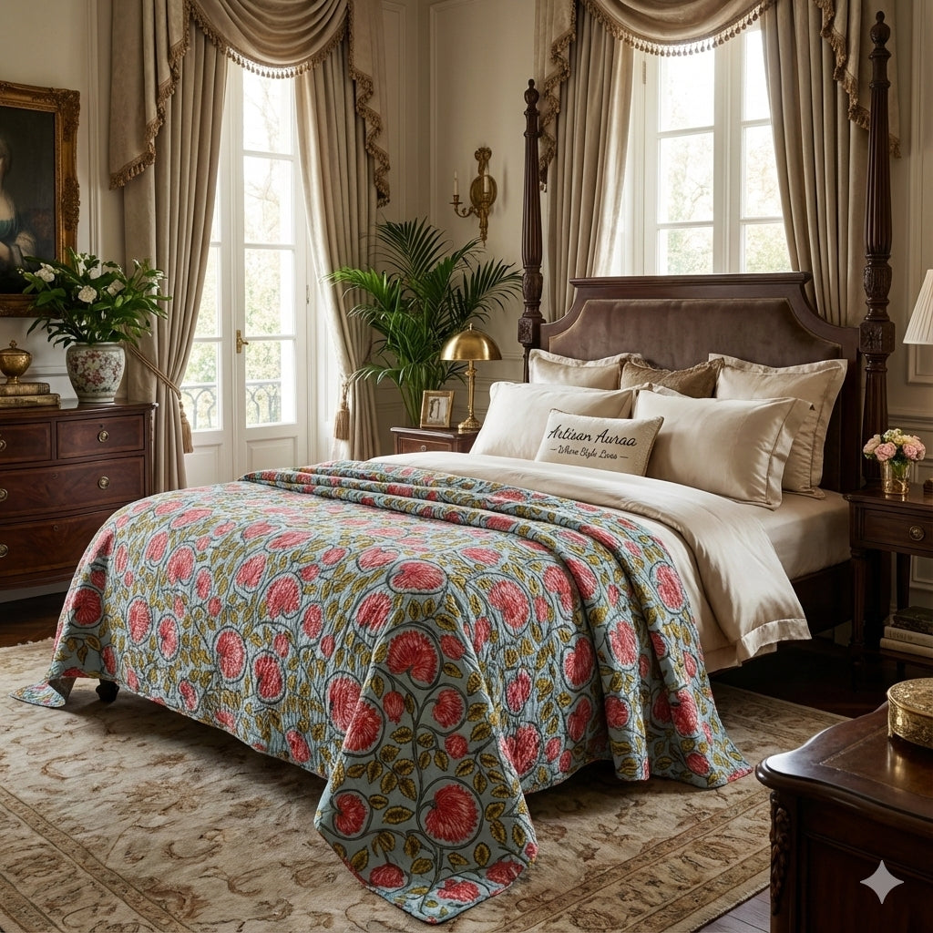 Hand-Stitched Floral Kantha Quilt (90" x 108")