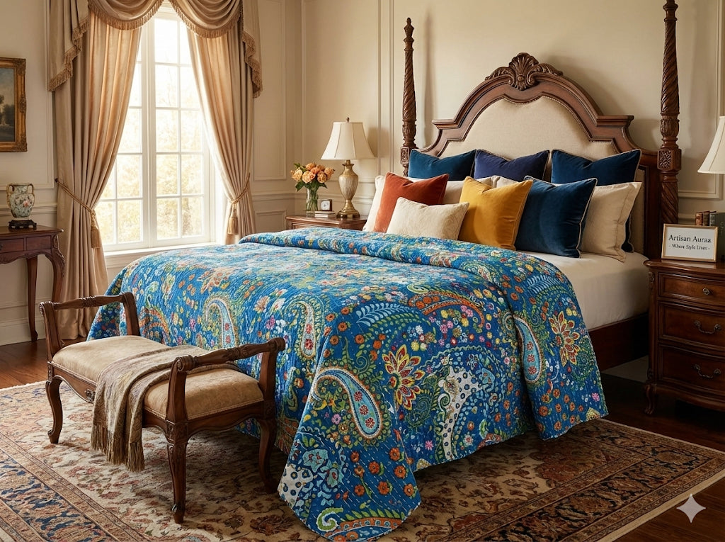 Handcrafted Cotton Kantha Quilt (King Size, 108" x 108")