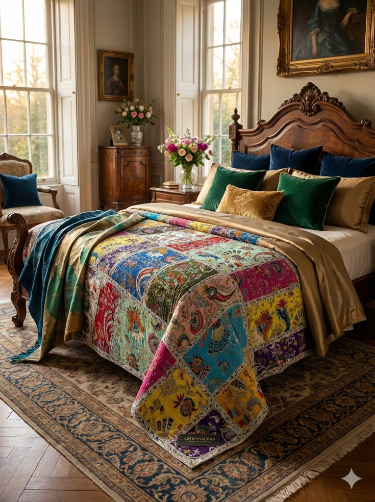 Hand-Stitched Floral Kantha Quilt (90" x 108")