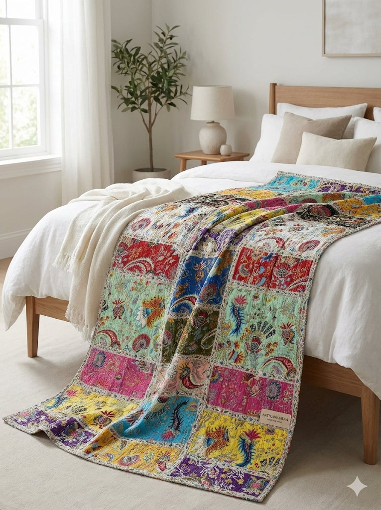 Hand-Stitched Cotton Kantha Quilt (60" x 90") – Twin Size Throw & Bedspread