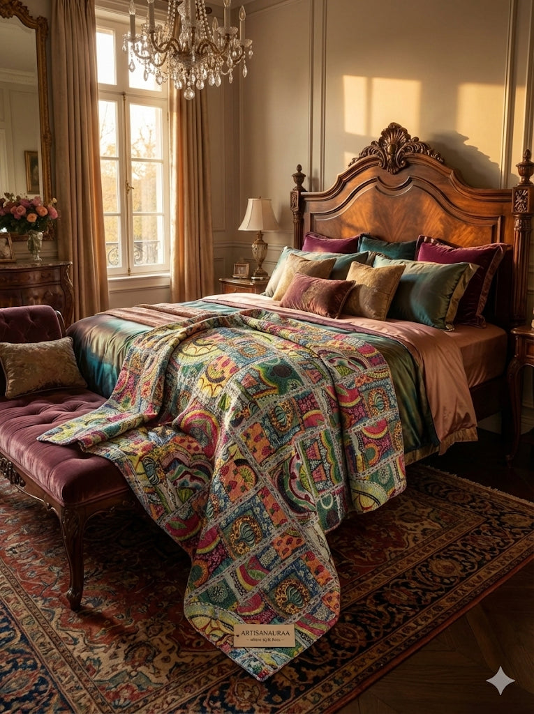 Hand-Stitched Floral Kantha Quilt (90" x 108")