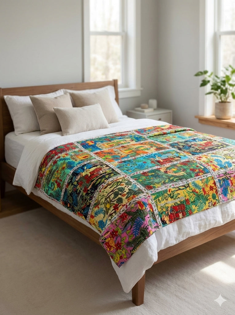 Hand-Stitched Cotton Kantha Quilt (60" x 90") – Twin Size Throw & Bedspread