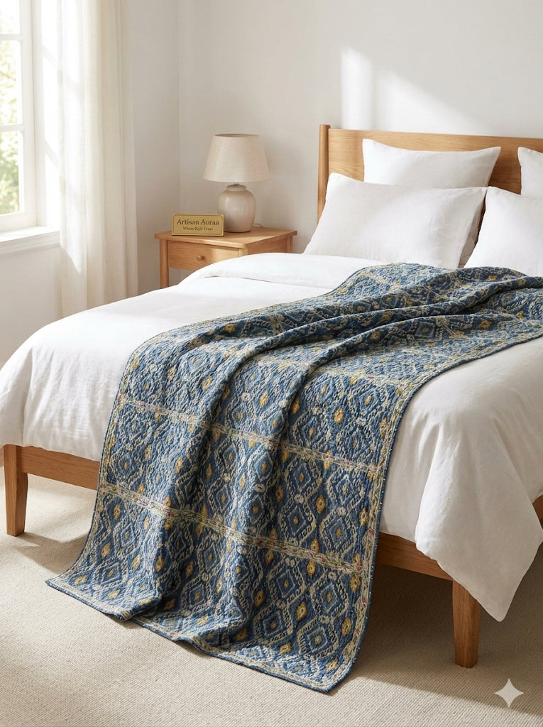 Hand-Stitched Cotton Kantha Quilt (60" x 90") – Twin Size Throw & Bedspread