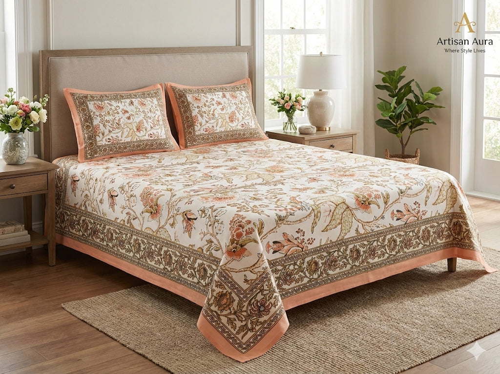 Hand-Printed Cotton Bedsheet (90" x 102") – Queen Size Set with 2 Pillow Covers