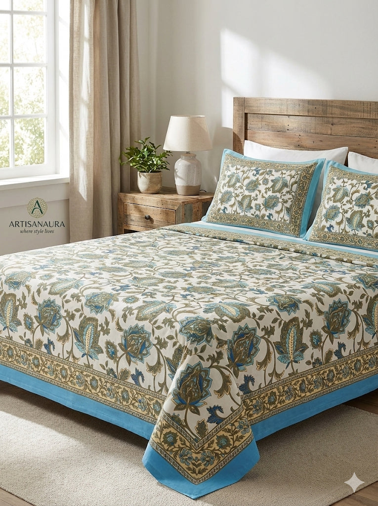Hand-Printed Cotton Bedsheet (90" x 102") – Queen Size Set with 2 Pillow Covers