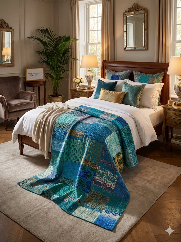 Hand-Stitched Silk Patchwork Kantha Quilt (60" x 90") – Luxurious Bohemian Throw