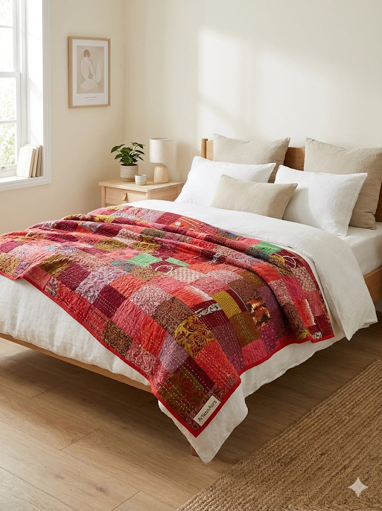 Hand-Stitched Silk Patchwork Kantha Quilt (60" x 90") – Luxurious Bohemian Throw