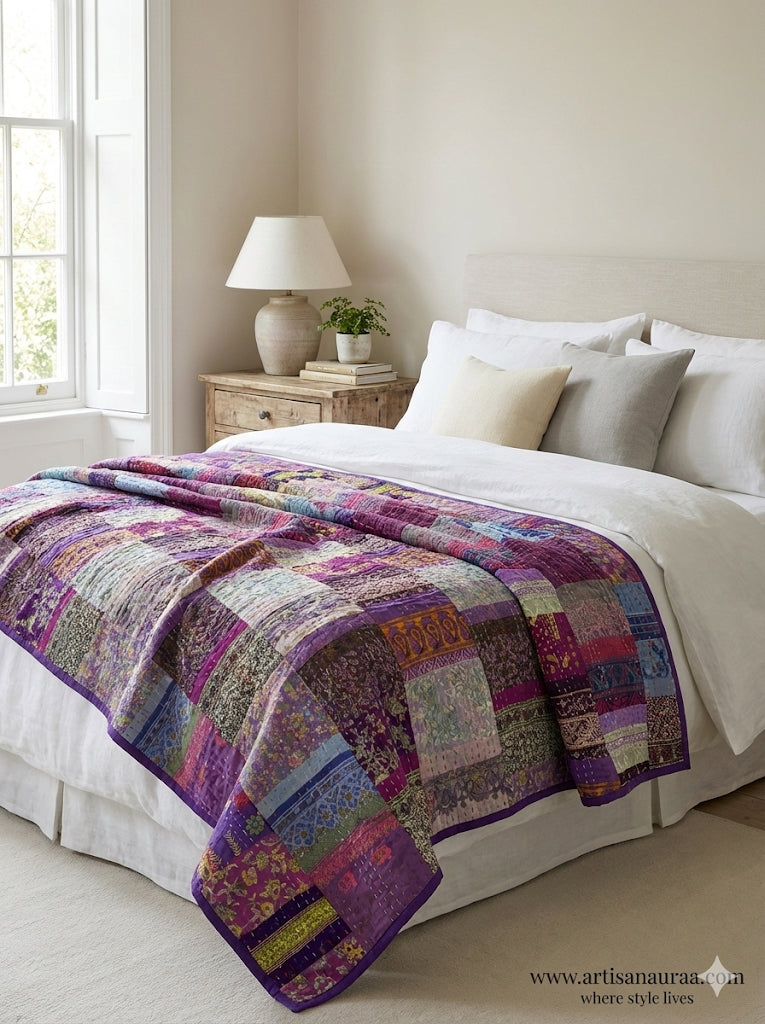 Hand-Stitched Silk Patchwork Kantha Quilt (60" x 90") – Luxurious Bohemian Throw