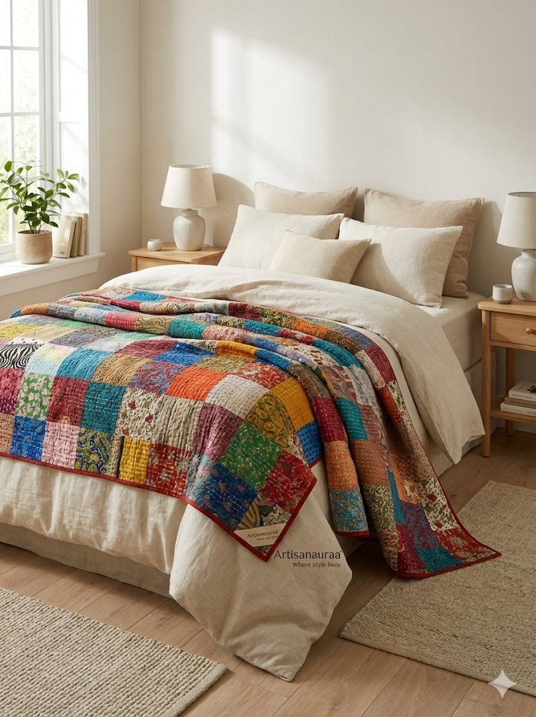 Hand-Stitched Silk Patchwork Kantha Quilt (60" x 90") – Luxurious Bohemian Throw