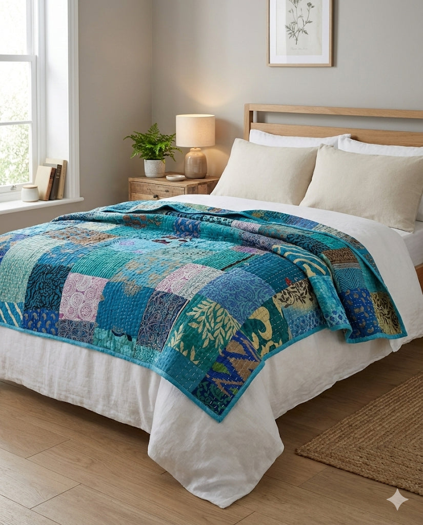 Hand-Stitched Silk Patchwork Kantha Quilt (60" x 90") – Luxurious Bohemian Throw
