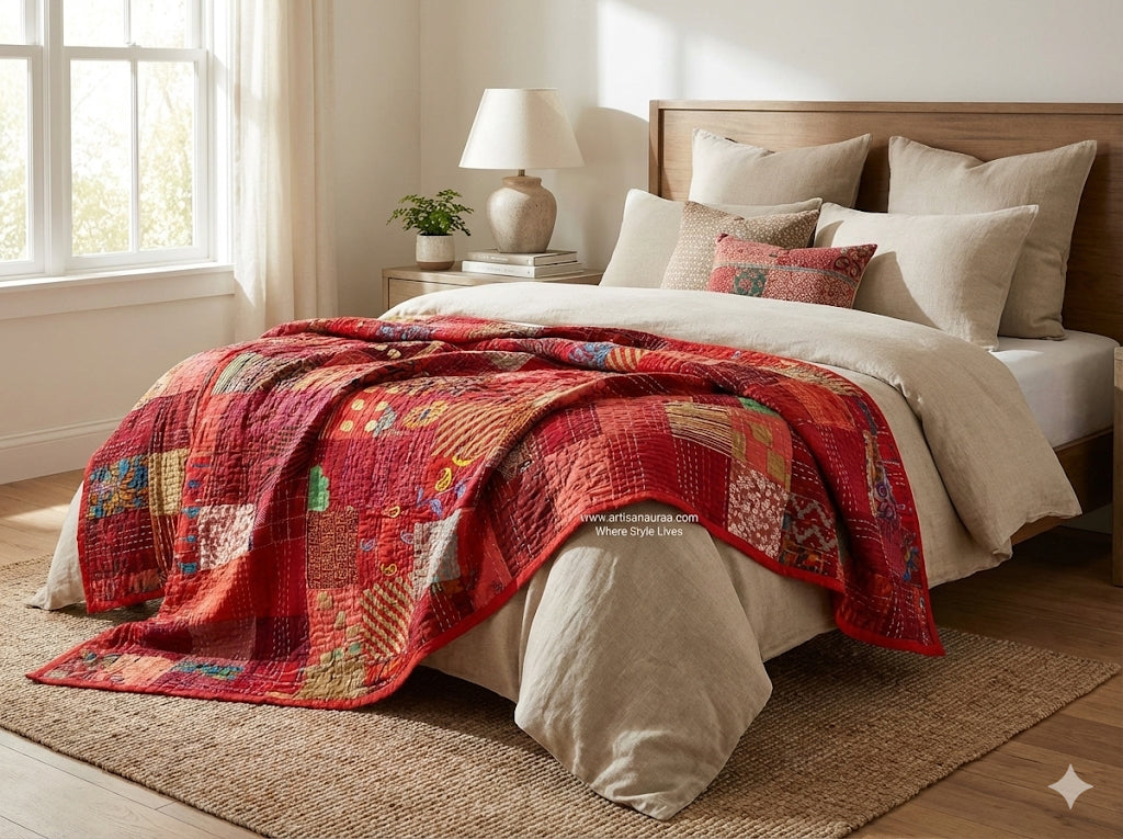 Hand-Stitched Silk Patchwork Kantha Quilt (90" x 108") – Luxury Queen/King Bedspread