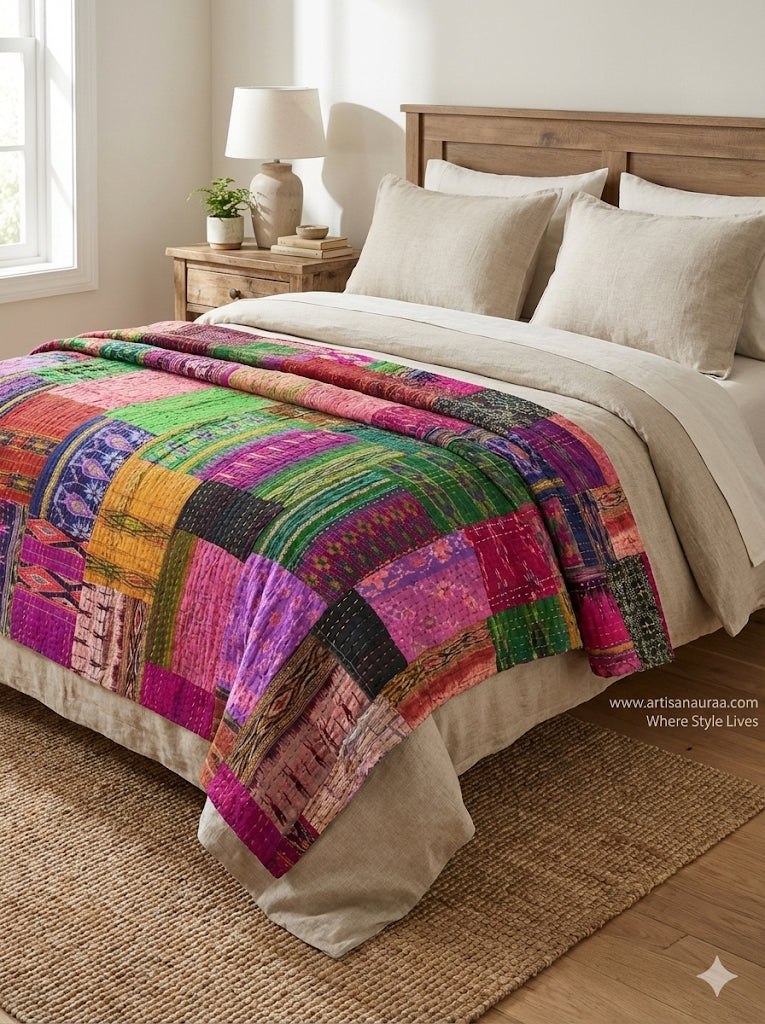 Hand-Stitched Silk Patchwork Kantha Quilt (90" x 108") – Luxury Queen/King Bedspread