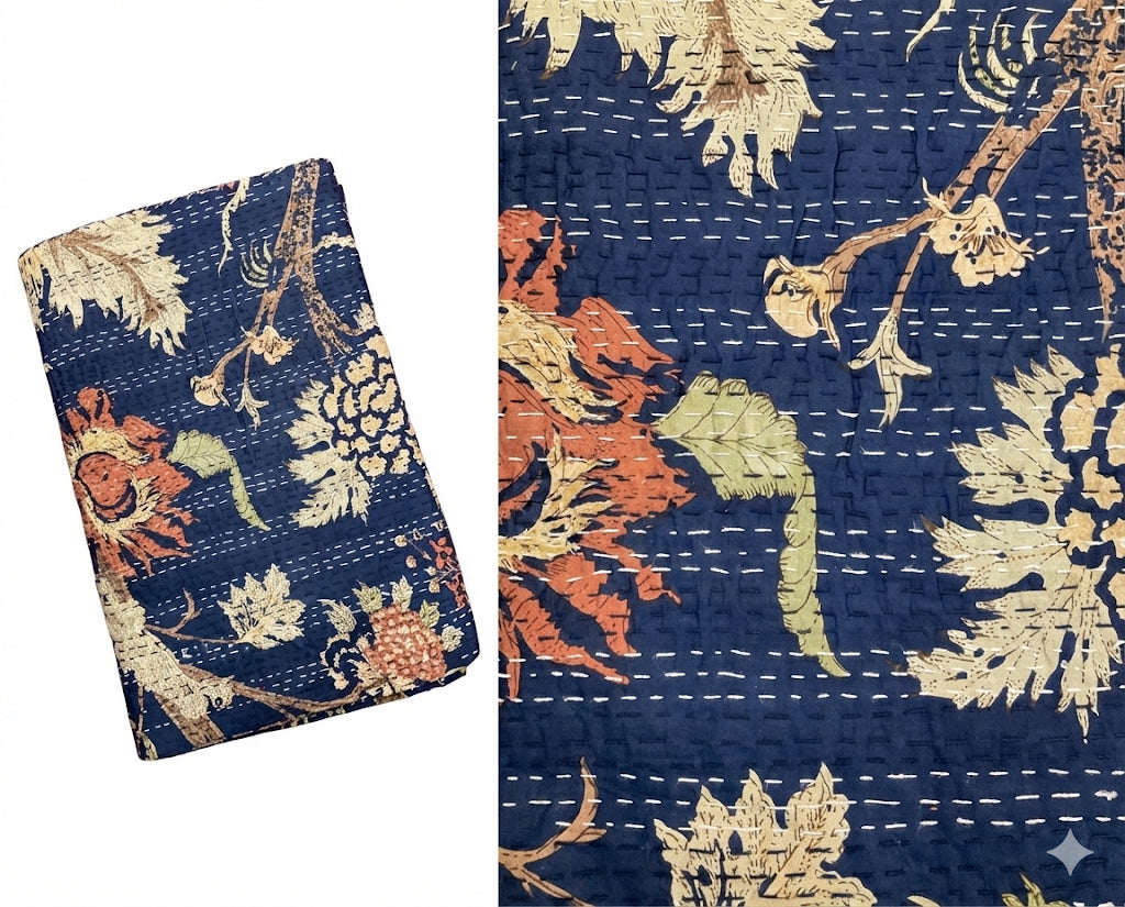 Hand-Stitched Floral Kantha Quilt (90" x 108")