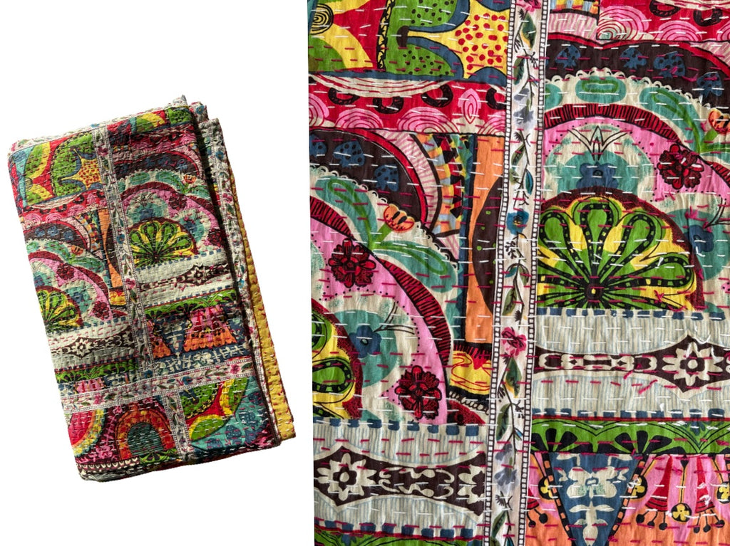 Hand-Stitched Floral Kantha Quilt (90" x 108")
