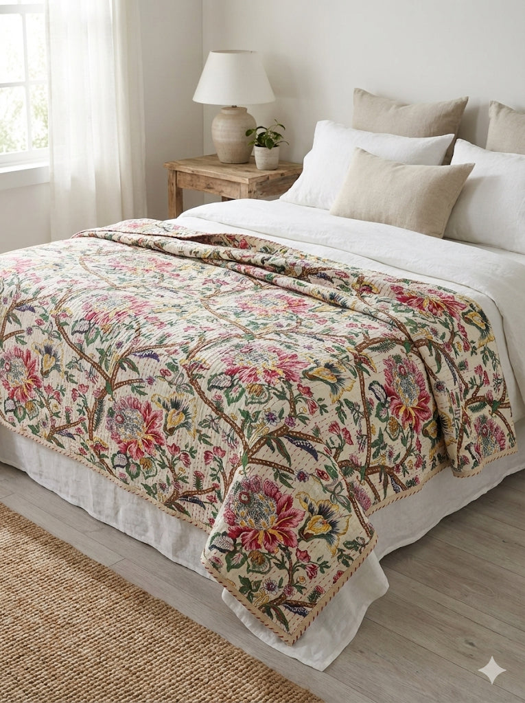 Hand-Stitched Cotton Kantha Quilt (60" x 90") – Twin Size Throw & Bedspread