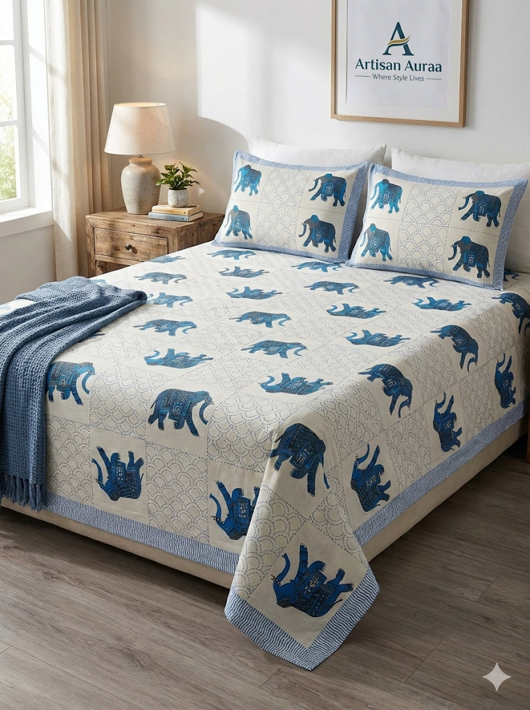 Hand-Printed Cotton Bedsheet (90" x 102") – Queen Size Set with 2 Pillow Covers
