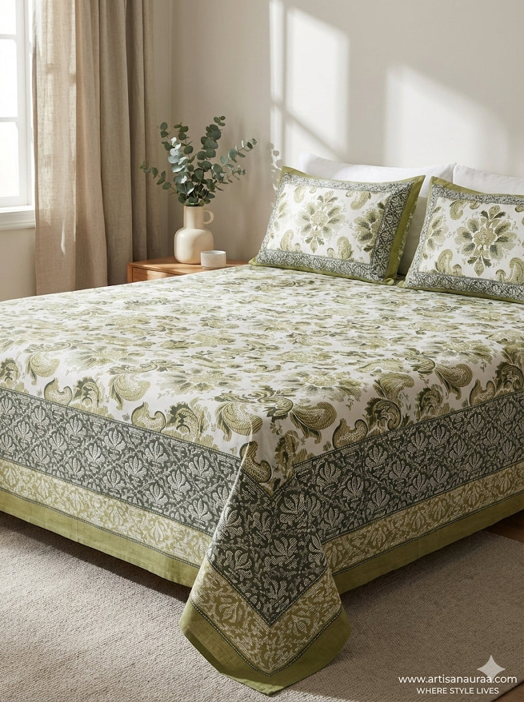 Hand-Printed Cotton Bedsheet (90" x 102") – Queen Size Set with 2 Pillow Covers