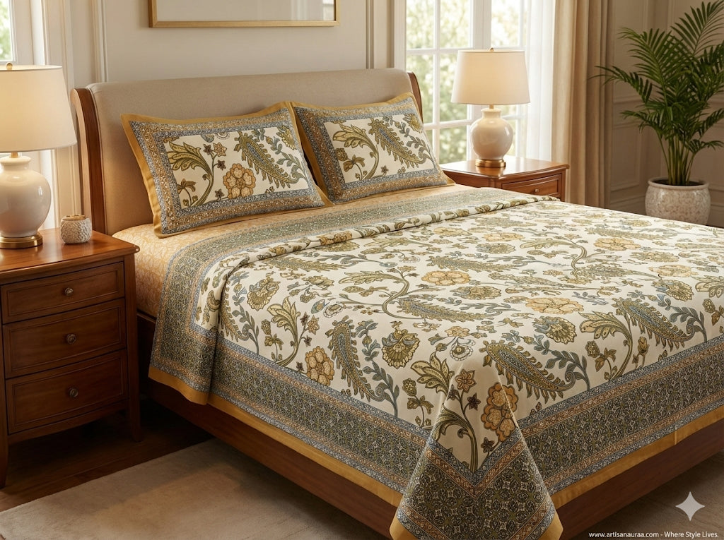Hand-Printed Cotton Bedsheet (90" x 102") – Queen Size Set with 2 Pillow Covers