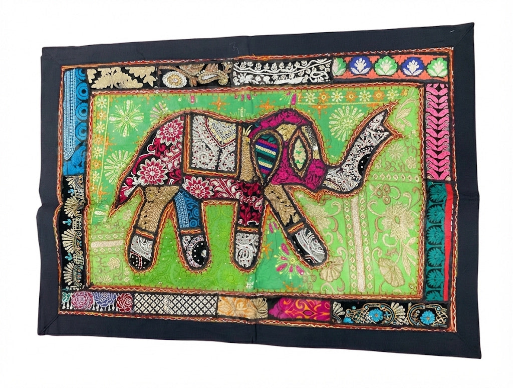 Vintage Patchwork Elephant Wall Hanging (39" x 27") – Hand-Embroidered Zardozi Tapestry