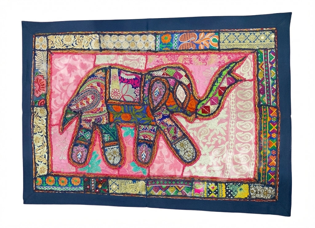 Vintage Patchwork Elephant Wall Hanging (39" x 27") – Hand-Embroidered Zardozi Tapestry
