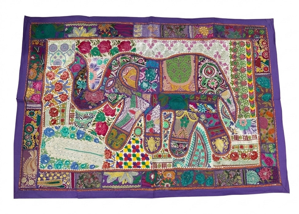 Large Hand-Embroidered Zardozi Elephant Tapestry (61" x 42") – Masterpiece Wall Art