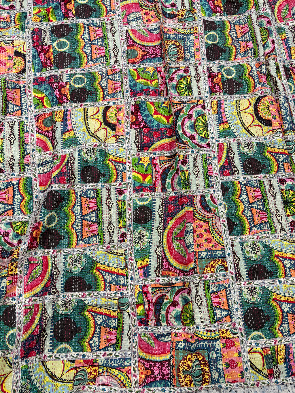 Hand-Stitched Floral Kantha Quilt (90" x 108")