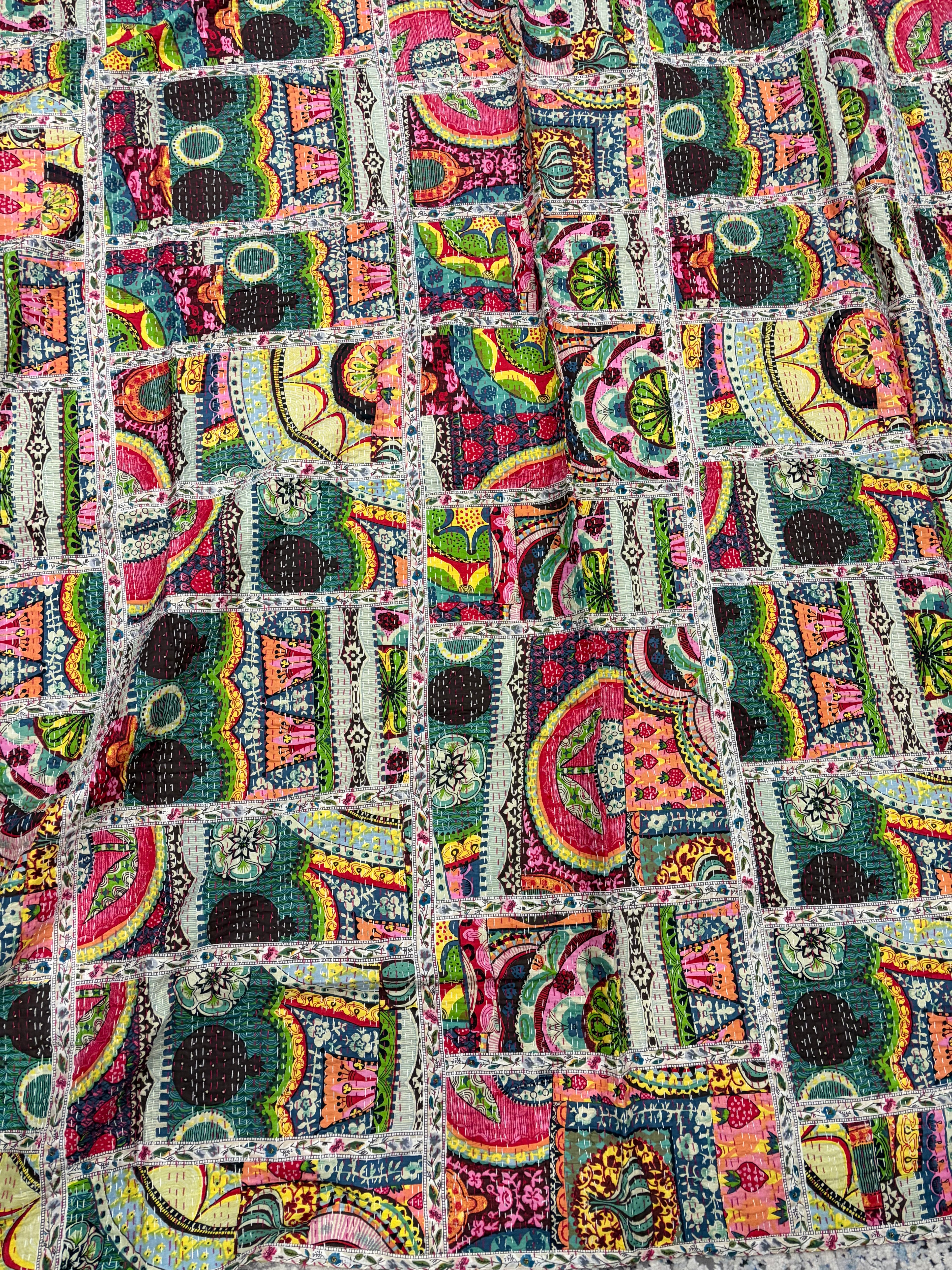 Hand-Stitched Floral Kantha Quilt (90" x 108")