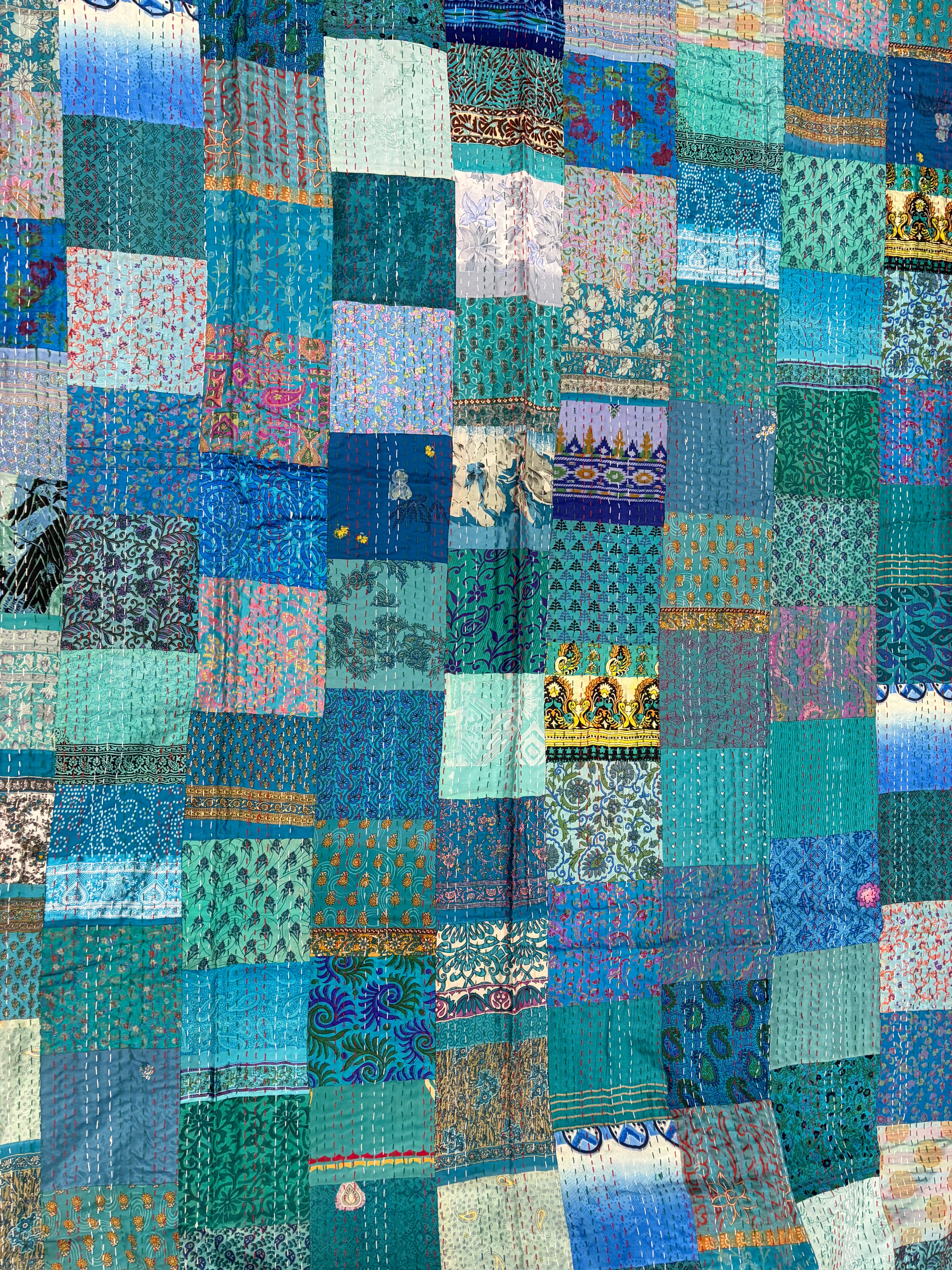 Hand-Stitched Silk Patchwork Kantha Quilt (60" x 90") – Luxurious Bohemian Throw