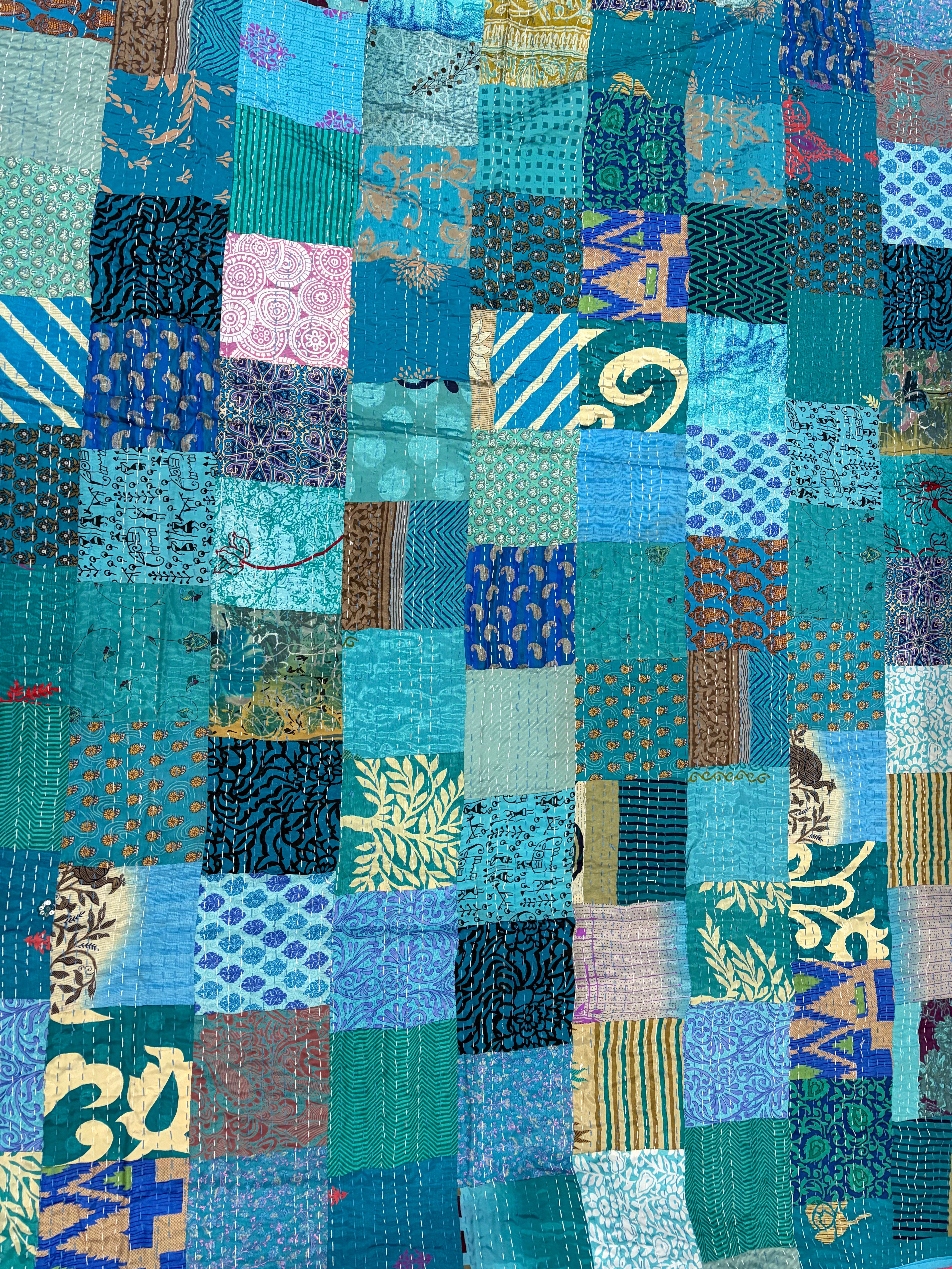 Hand-Stitched Silk Patchwork Kantha Quilt (60" x 90") – Luxurious Bohemian Throw