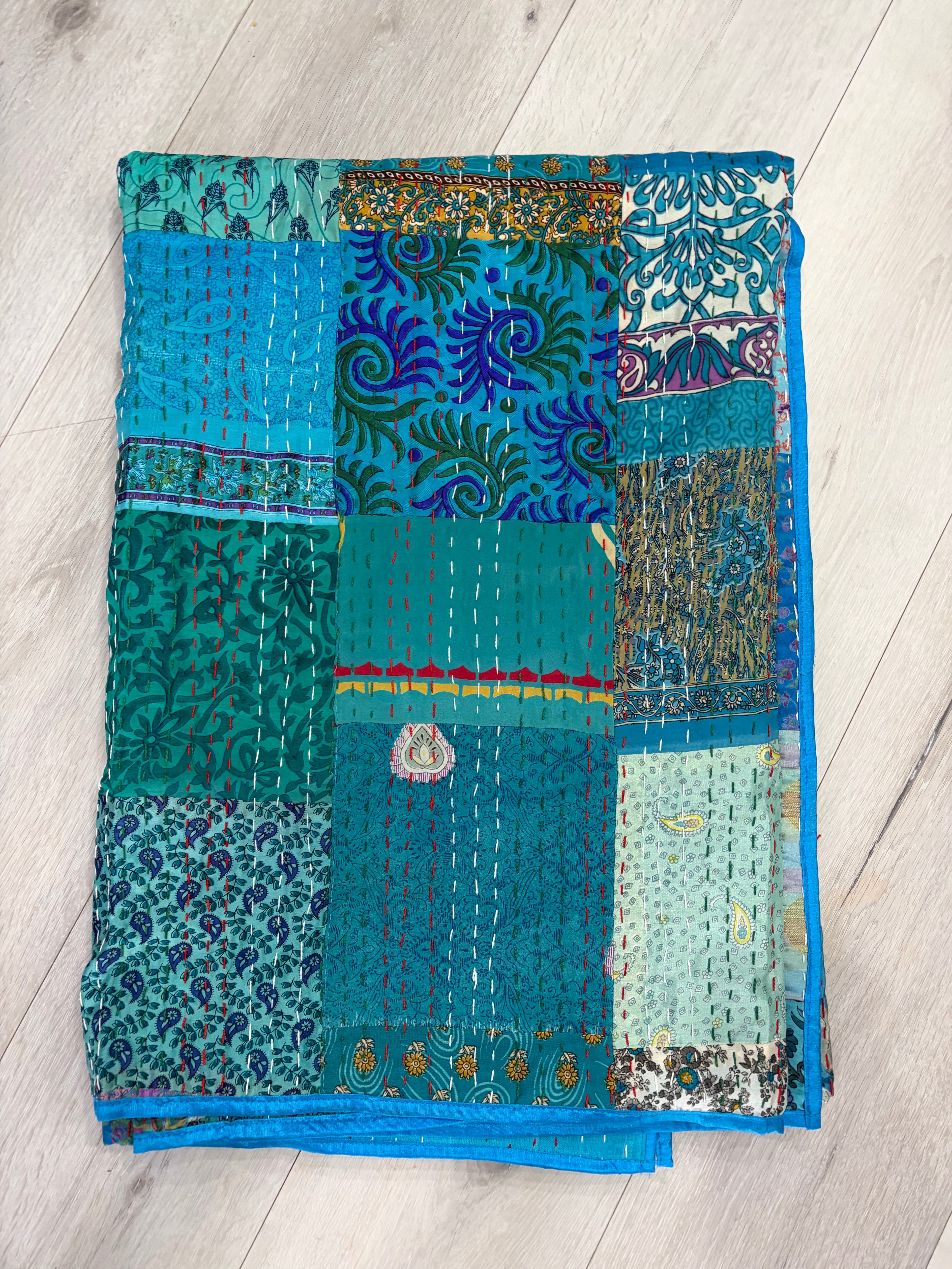 Hand-Stitched Silk Patchwork Kantha Quilt (60" x 90") – Luxurious Bohemian Throw