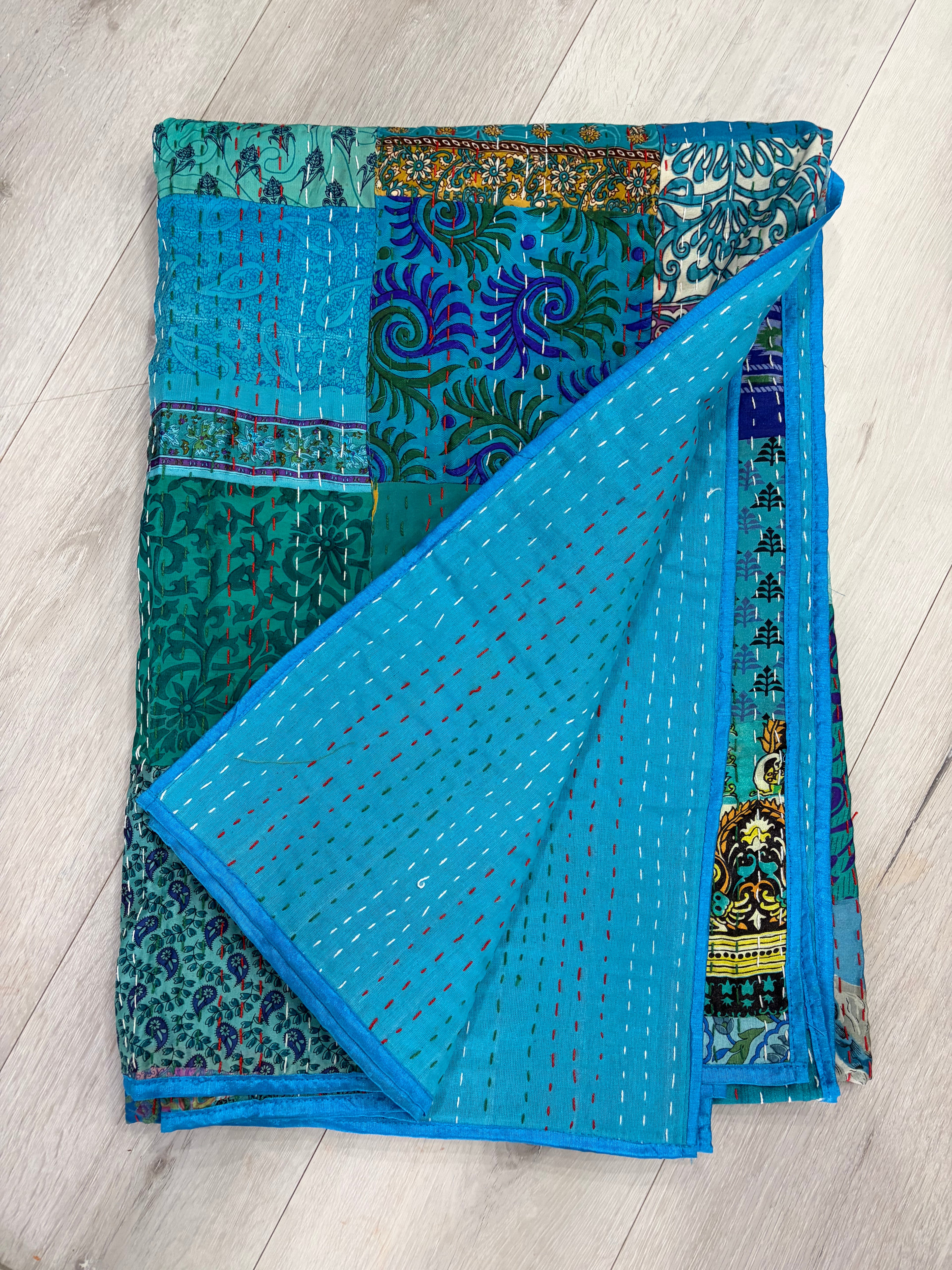 Hand-Stitched Silk Patchwork Kantha Quilt (60" x 90") – Luxurious Bohemian Throw