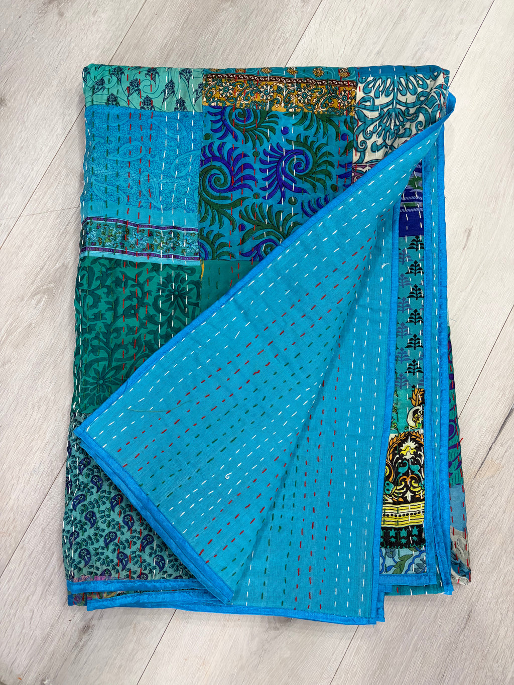 Hand-Stitched Silk Patchwork Kantha Quilt (60" x 90") – Luxurious Bohemian Throw