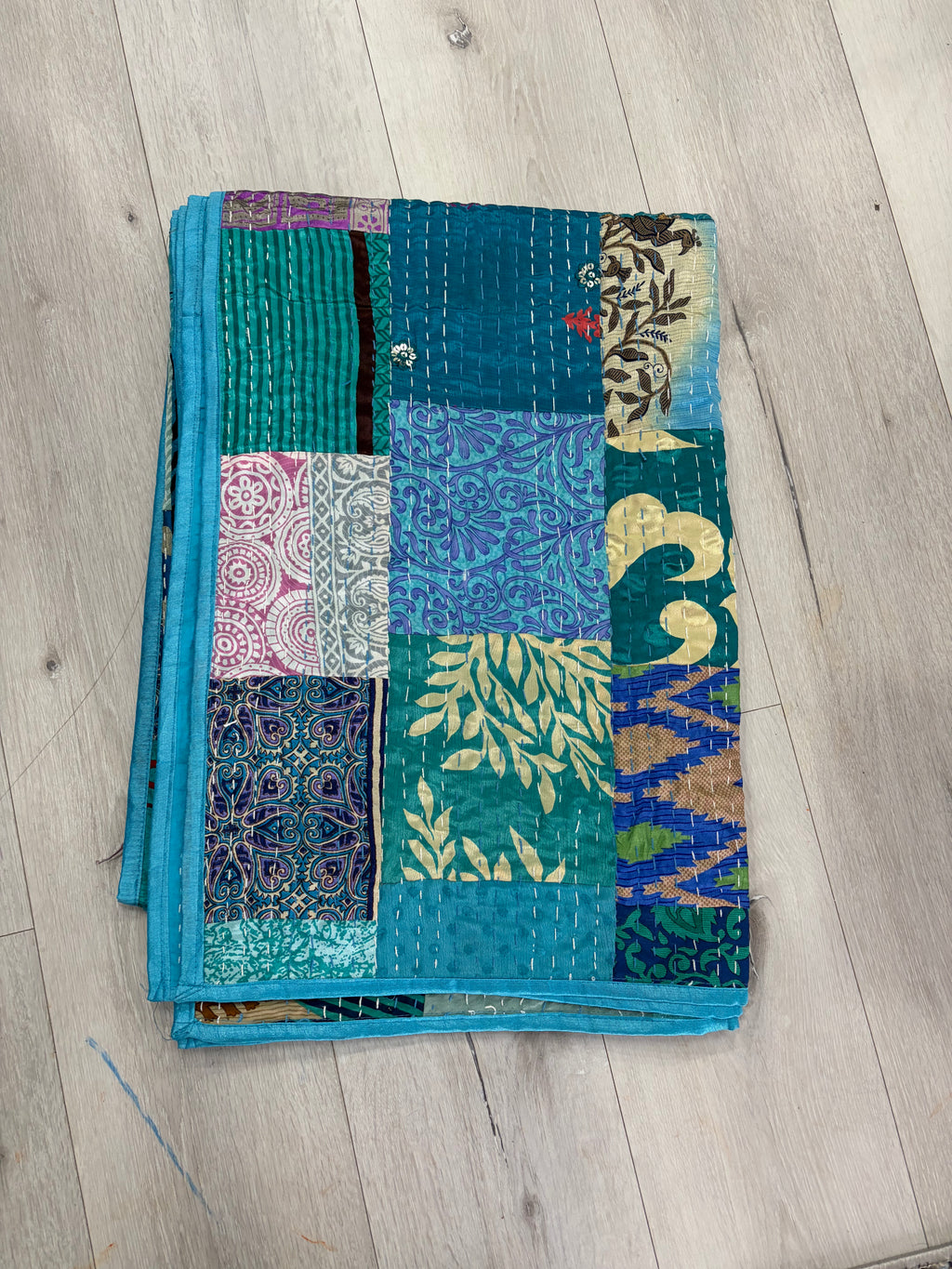 Hand-Stitched Silk Patchwork Kantha Quilt (60" x 90") – Luxurious Bohemian Throw