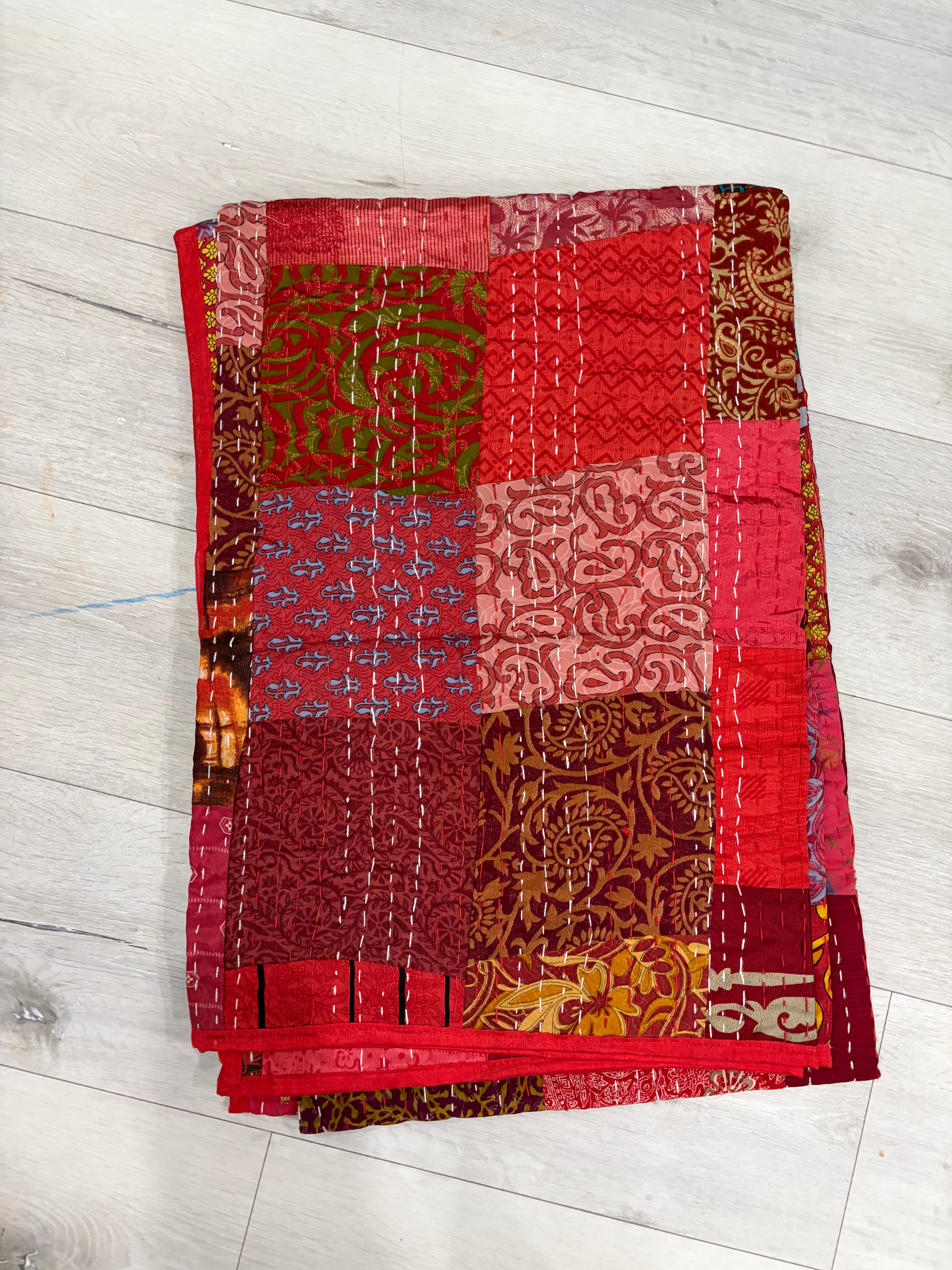 Hand-Stitched Silk Patchwork Kantha Quilt (60" x 90") – Luxurious Bohemian Throw