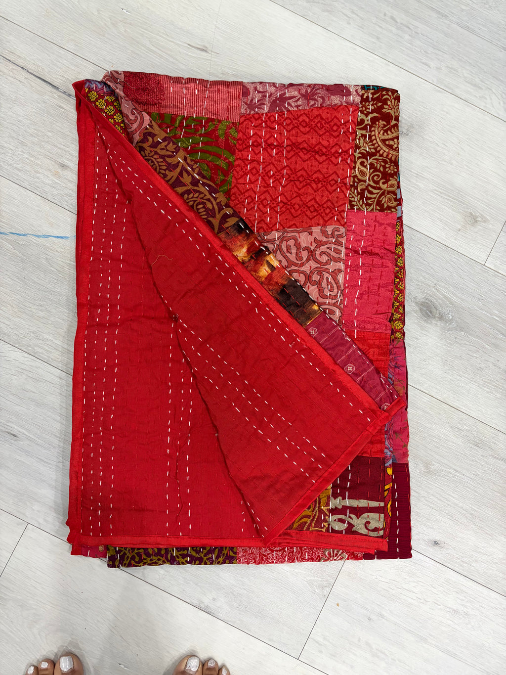 Hand-Stitched Silk Patchwork Kantha Quilt (60" x 90") – Luxurious Bohemian Throw